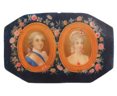 λ C.V. (c.1773)Double portrait miniature of a gentleman and a lady, head and shoulders, in painted ovals with a painted flora