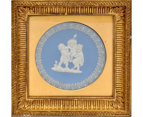Gilt framed Wedgwood Jasperware shallow bowl, with bacchanalian figures playing, 19th Century, diameter of bowl 18cms, the fr