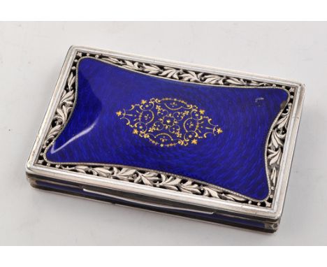 A Hungarian 900 standard silver and enamel box, rectangular the hinged cover with blue enamelled panel with a pierced surroun