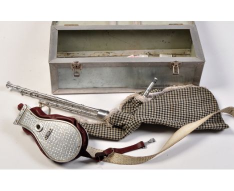 A rare pair of Northumbrian small pipes, with "Border" tartan covered bag, aluminium pipes and chanter, engine turned alumini