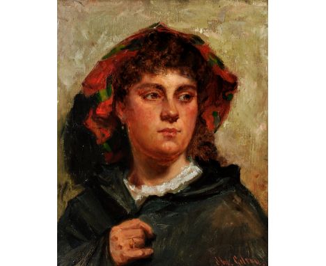 John William Gilroy
(1868-1944)
A portrait of a young woman wearing a red and green printed headscarf
signed; signed, inscrib