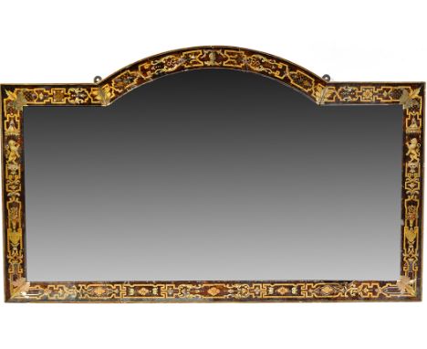 An 19th Century Queen Anne style verre eglomise mirror, fitted three bevelled glass panels, the central arched panel with eng