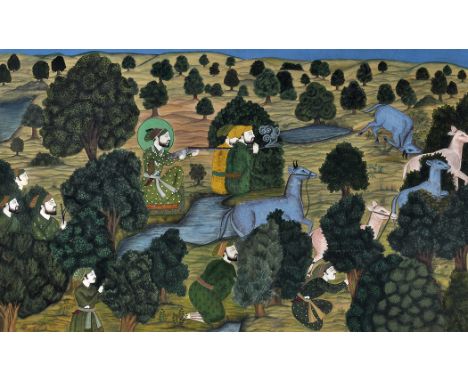 19th Century Indian School
A prince and attendants hunting antelope
gouache on linen
100 x 165cms; 39 1/2 x 65in.
See illustr