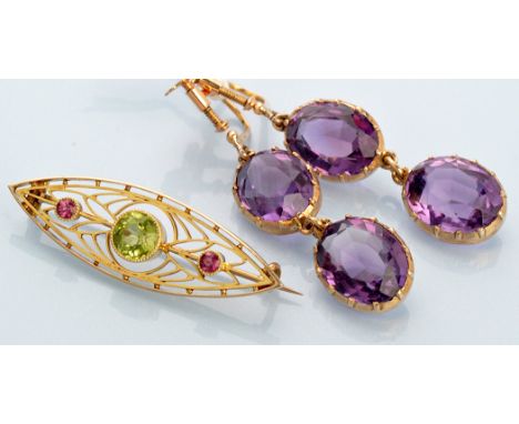 A pair of 19th Century amethyst drop earrings, each with two oval facet cut amethysts within yellow metal cut down collet mou