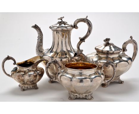 A Victorian four-piece tea and coffee service, by John Tapley, London 1840, each piece of melon form, the tea and coffee pot 