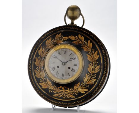 A tole painted wall clock, probably mid 19th Century, with silvered roman dial and engine turned gilt bezel, convex glazed hi