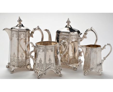 An ornate EPBM four-piece tea service, c.1900, by James Dixon & Son, each piece of octagonal tapered form and engraved foliat