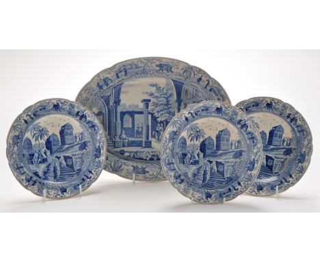 Spode 'Caramanian' series 'Antique Fragments At Limosso' blue and white oval platter, early 19th Century, length 42.8cms, imp