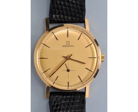 Zenith: a gentleman's 9ct. gold cased wristwatch, with circular baton dial and subsidiary seconds dial, Zenith leather strap,