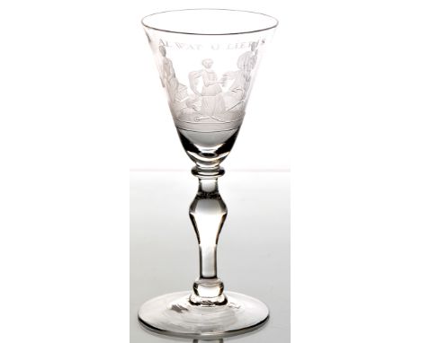 Dutch engraved light baluster wine glass, pointed round funnel bowl, inscribed "AL WATU LIEF IS" (All that is Dear), above th