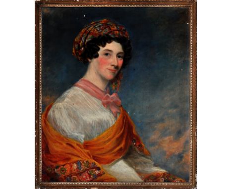 British School
A portrait of an 18th Century woman wearing a turban and a richly-embroidered shawl
oil on canvas
73.5 x 62cms