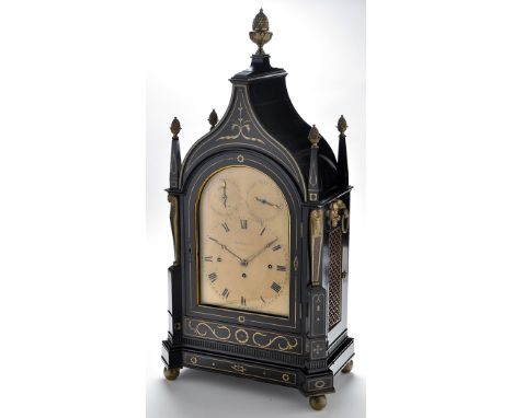 *Bennett Norwich: a Regency ebonised and brass inlaid musical bracket clock, the painted roman dial with two dials to the arc