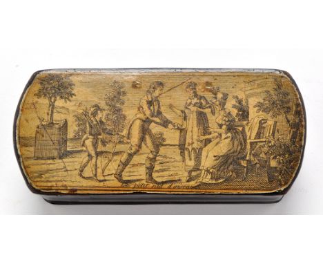 A 19th Century French black lacquer snuff box, the cover with transfer depicting a courting scene inscribed "Le Petit Nid D'o