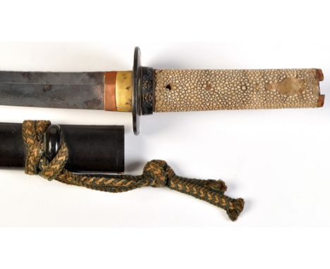 A Japanese Edo period Wakizashi sword, school of Echizen, the single-edged curved blade with signed tang covered with ray ski