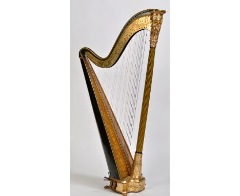 *A green painted and giltwood Grecian harp, by J.A. Stumpff, the main column with caryatid and classical capital above fluted