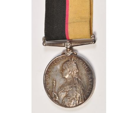 A Queens Sudan medal, awarded to 3729 Private R. Brown, First Northumberland Fusiliers, with ribbon.