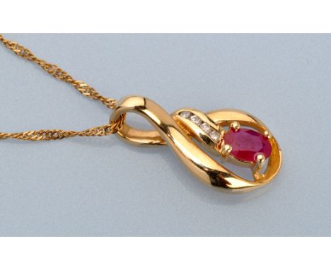 A ruby and diamond pendant, the oval facet cut ruby four claw set below four brilliant cut diamonds, in scrolling yellow meta