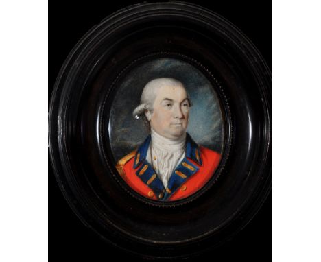 19th Century British School
A miniature bust portrait of an army officer wearing a scarlet tunic with blue facings
bodycolour