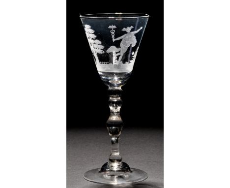 A light baluster goblet, the round funnel bowl engraved with a rural scene and Mercury holding a caduceus, raised on a multi-