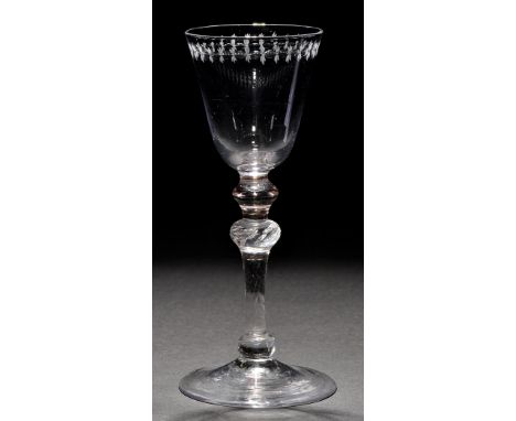 A light baluster goblet, the round funnel bowl engraved with egg and dart to the rim, raised on a shoulder knop, inverted bea