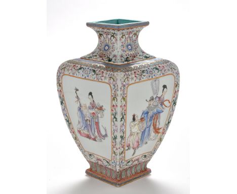 Chinese Famille Rose square section baluster-shaped vase, the sides with figurative scenes between ruyi sceptre and lappet en