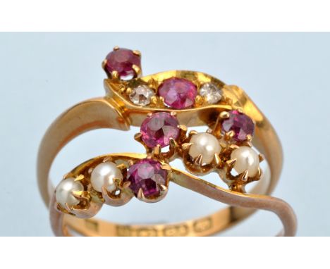 An early 20th Centruy ruby and diamond ring, the circular facet cut rubies flanked by eight -cut diamonds on 18ct. yellow gol