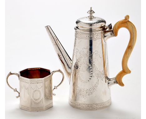 A Victorian coffee pot and matching sugar bowl, by Andrew Crespel and Thomas Parker, London 1866-67, and similar sugar bowl, 