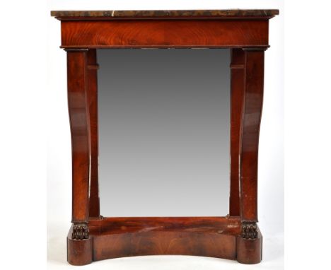 A Continental mahogany console table, with rectangular brown marble top above a plain frieze, on square section scrolling leg