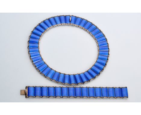 An enamelled silver necklace and matching bracelet, by Elnar Modahl, Oslo, Norway, each of shaped rectangular links decorated