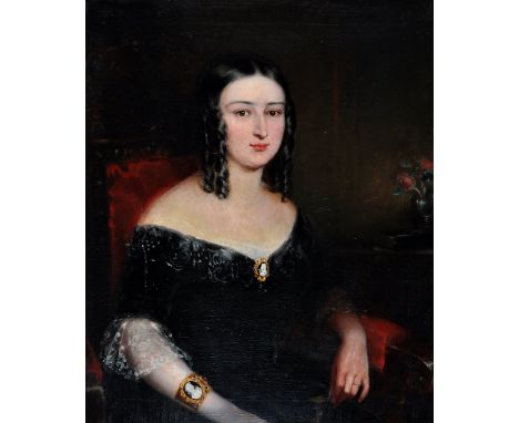 Attributed to Clement Burlison
(1815-1899)
A portrait of a lady seated in a red upholstered chair; and a similar portrait of 