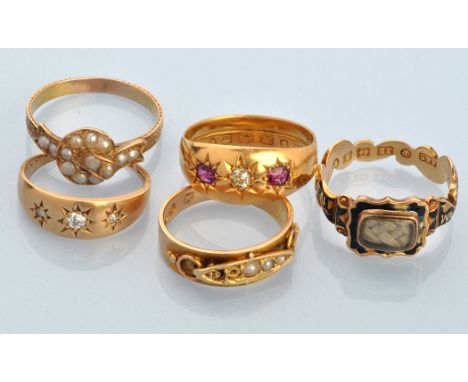 A collection of 19th Century rings, to include: a black enamel memorium ring with hair plait plaque, inscription and dedicati