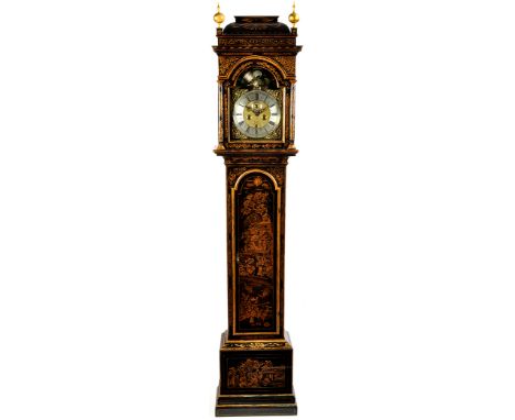 *W. Skikelthorp, London: an 18th Century and later black and gold chinoiserie decorated longcase clock, the arched brass dial