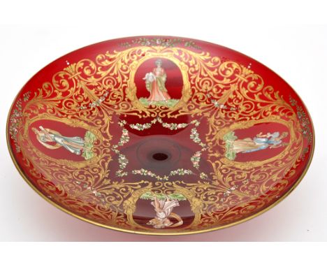Venetian ruby glass comport, enamel painted with female figures within reserve gilt panel, diameter 25.8cms.