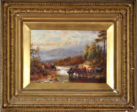 R*** Watson
(19th Century)
Highland cattle at a riverbank
signed and dated 1914
oil on canvas
24 x 34.5cms; 9 1/2 x 13 1/2in.