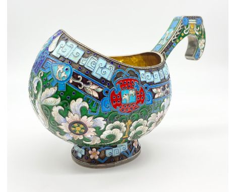 Large antique Russian silver gilt and enamel Kovsh.floral Cloisonné enamel decoration throughout. Gilt interior. Mouth length