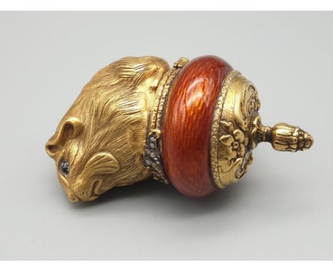 Russian silver gilt diamond and enamel rare snuff box and lighter in the form of a mouse. Weight: 122.9g Height: 7.5cm