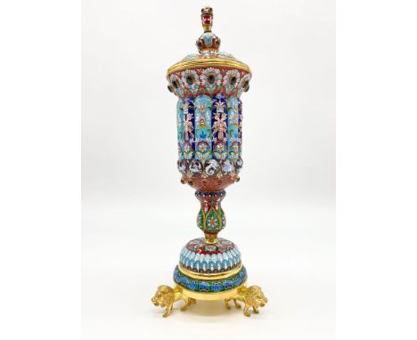 Antique Russian silver gilt and enamel ceremonial lidded drinking vessel. Intricate Cloisonné enamel work throughout. Three l