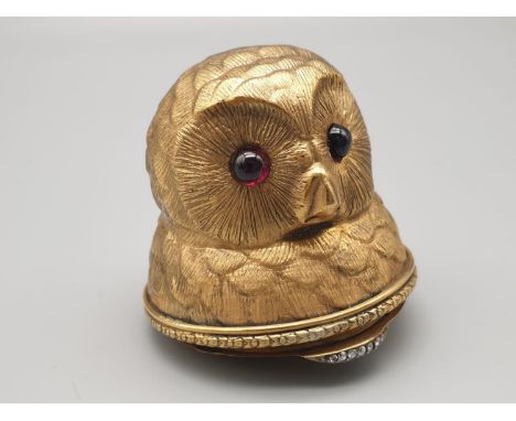 Russian silver gilt enamel and diamond owl pill box with garnet eyes. Weight: 59.1g Height: 5cm.