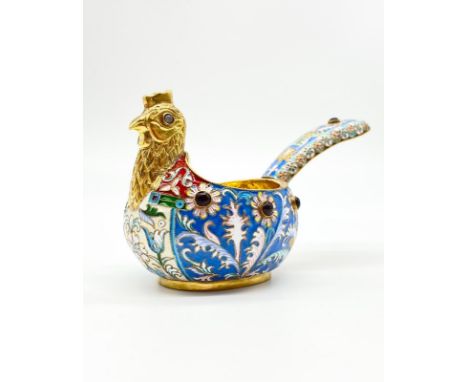 Antique silver and Cloisonné enamel Kovsh. Gilt interior and rooster head ornate decoration.Length: 12cm. weight|: 121g 