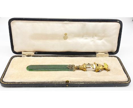 Antique Russian silver gilt diamond and jade letter opener. Ornate helmet and bird decoration at apex. White enamel and pink 