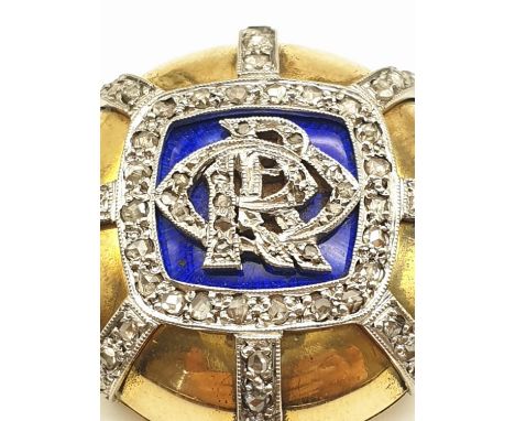 Antique diamond and enamel brooch set in 18k yellow and white gold, weight 17g marked Bravingtons London, 3.5cm diameter appr