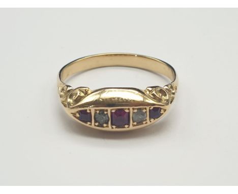 18K Yellow Gold and Diamond Ruby Five Stone Ring.4.3g. Size P. 