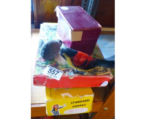 ASSORTED ITEMS. Boxed Pelham puppet, vintage block jigsaw, two clockwork toys and a childs electric iron