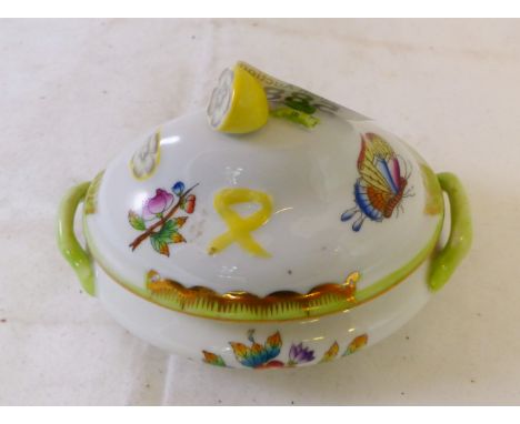 TRINKET BOX. Herend, Hungary hand painted floral lidded twin handled trinket box