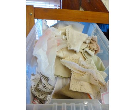 VINTAGE LINENS AND SILKS. Box of mainly vintage linens and silks