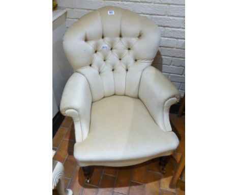 FIRESIDE ARMCHAIR. Button backed fireside armchair in beige velour, probably Parker Knoll, W ~ 70cm