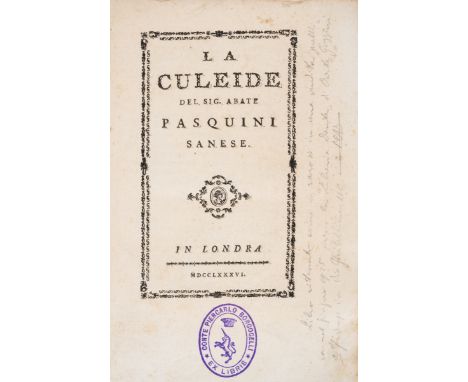 Scatology.- Pasquini (Giovanni Claudio) La culeide, London [but Florence], no printer, 1786 bound with 3 others, similar, tit