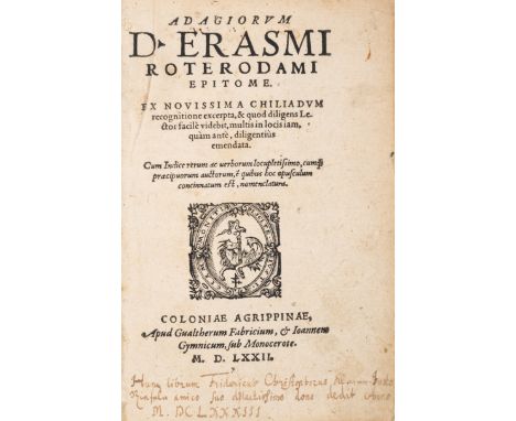 Erasmus (Desiderius) Adagiorum D. Erasmi Roterodami epitome, title and verso of 3A3 with woodcut printer's device, woodcut de