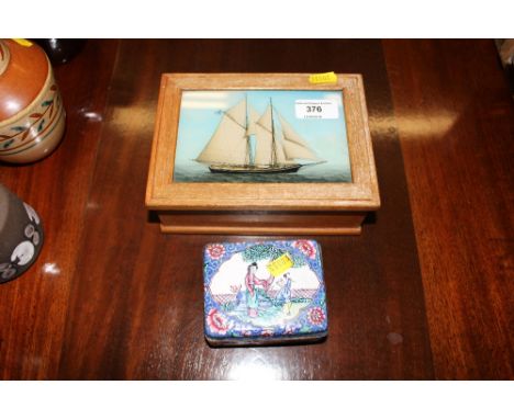 A trinket box, the lid decorated with a sailing ship; and an enamel decorated box and cover