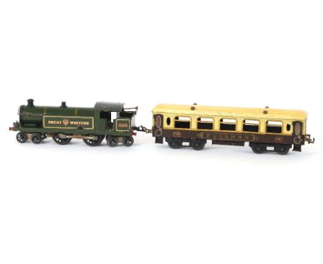 A Hornby clockwork tin plate model train 'Great Western' and a Hornby tin plate Pullman carriage